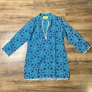 Finch Blue Mock V Neck 3/4 Sleeves Kaftan Swimsuit Cover Dress with Pompom Trim